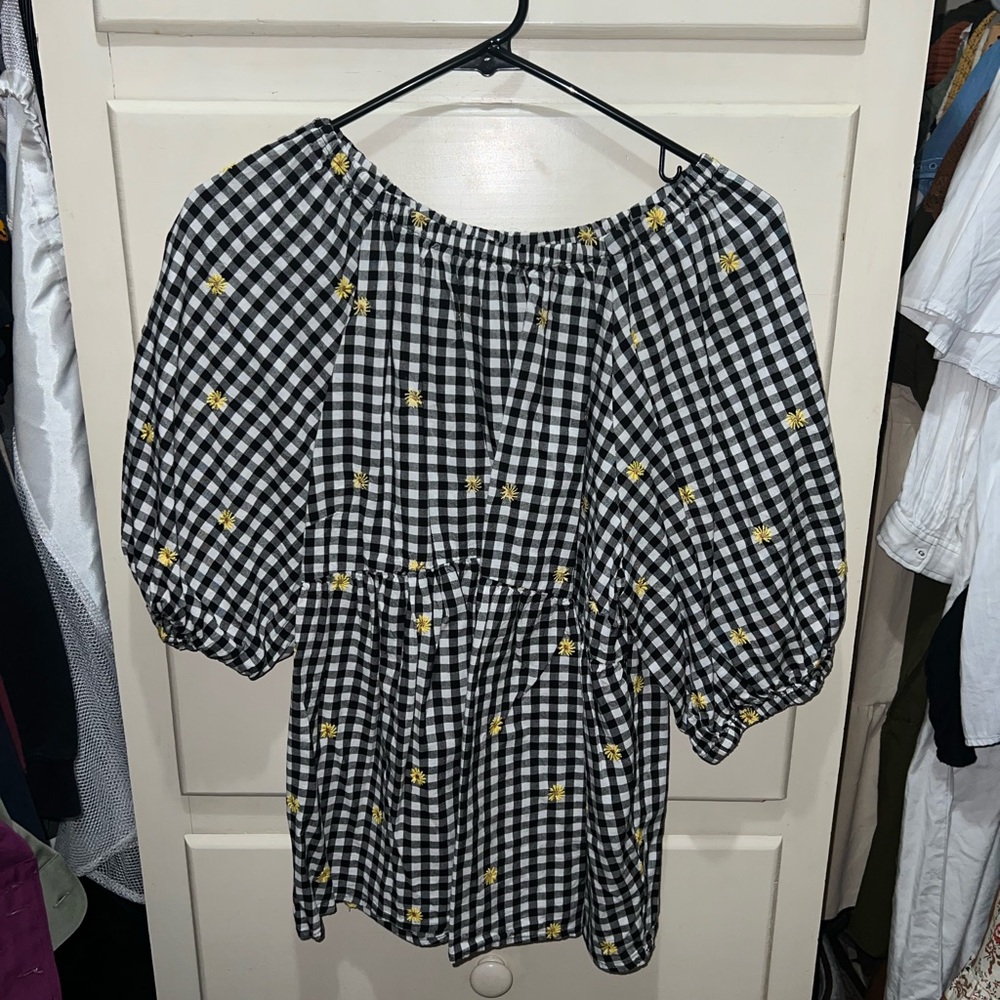 Old Navy Black and White Gingham Blouse with Yellow Flowers